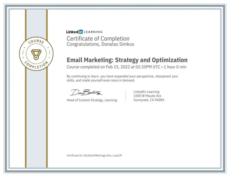 LinkedIn Learning: Email Marketing Strategy & Optimization certificate, Donatas Simkus