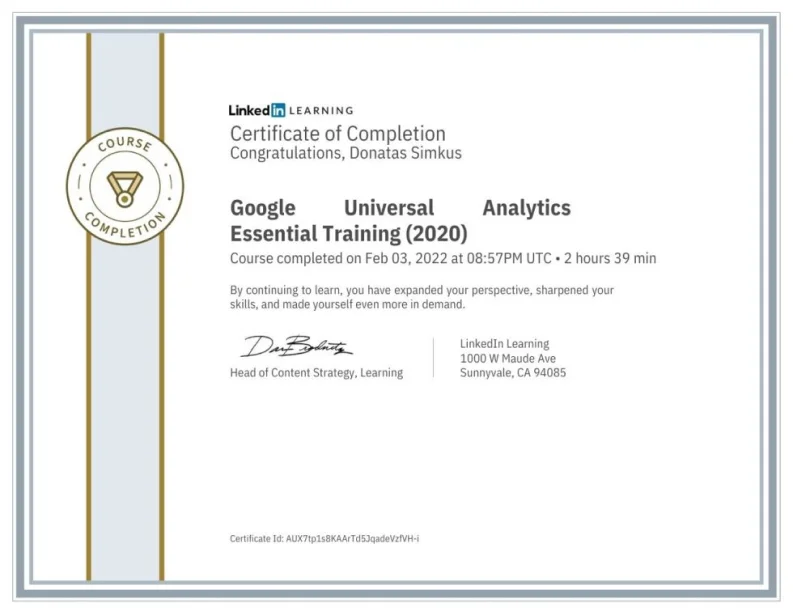 LinkedIn Learning: Google Universal Analytics Essential Training certificate, Donatas Simkus