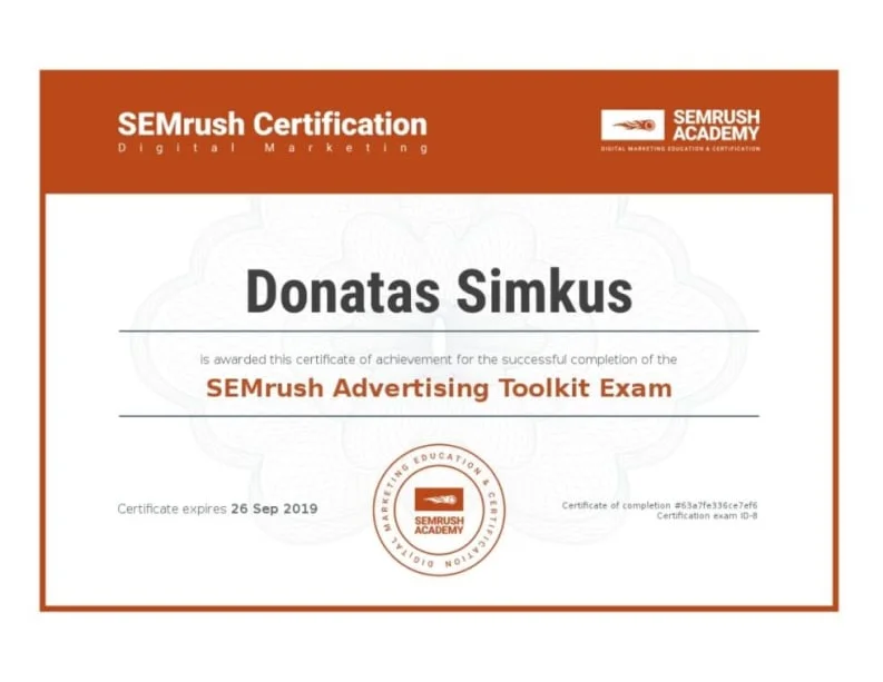 SEMrush: Advertising Toolkit certificate, Donatas Simkus