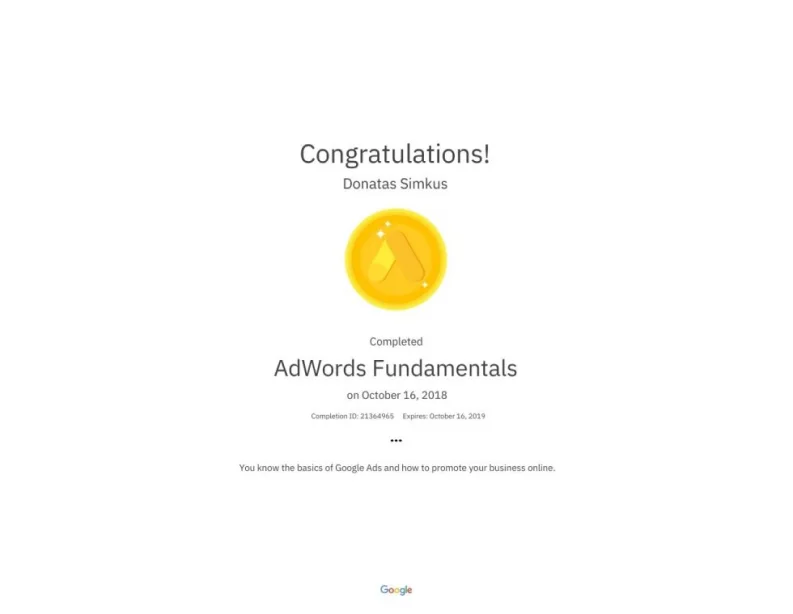 Google: Ads Fundamentals certificate, Donatas Simkus