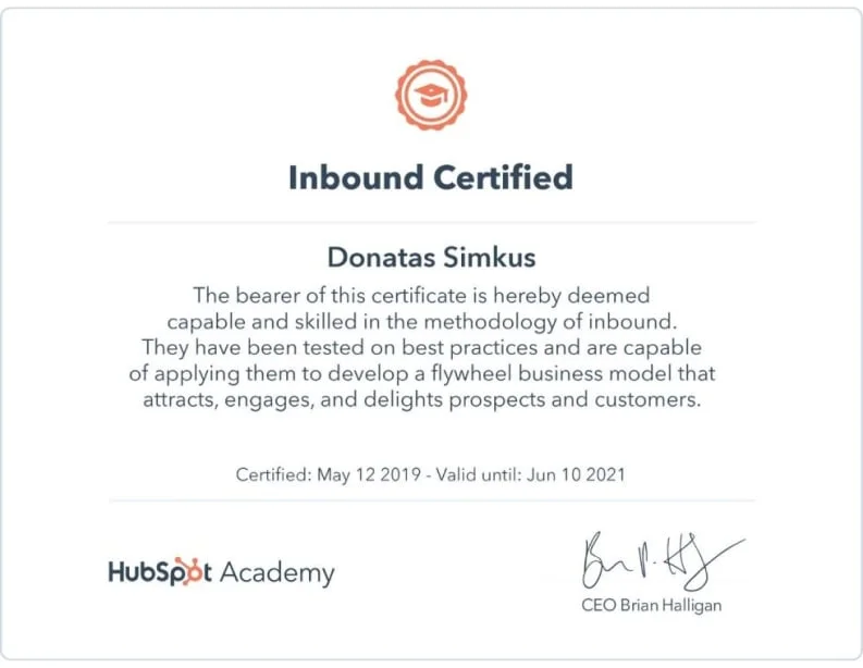 HubSpot Academy – Inbound Certificate Certificate HubSpot Academy: Inbound Certificate certificate, Donatas Simkus