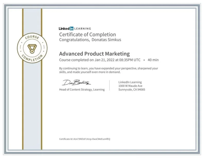 LinkedIn Learning – Advanced Product Marketing Certificate LinkedIn Learning: Advanced Product Marketing certificate, Donatas Simkus