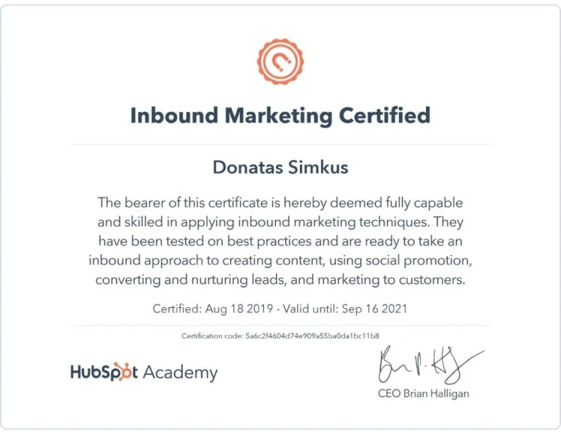 HubSpot Academy – Inbound Marketing Certificate Certificate HubSpot Academy: Inbound Marketing Certificate certificate, Donatas Simkus