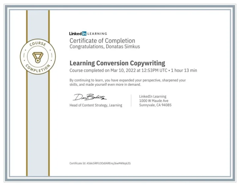 LinkedIn Learning – Conversion Copywriting Certificate LinkedIn Learning: Conversion Copywriting certificate, Donatas Simkus