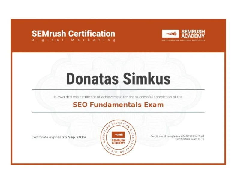 SEMrush – SEO Fundamentals Certificate SEMrush: SEO Fundamentals certificate, Donatas Simkus