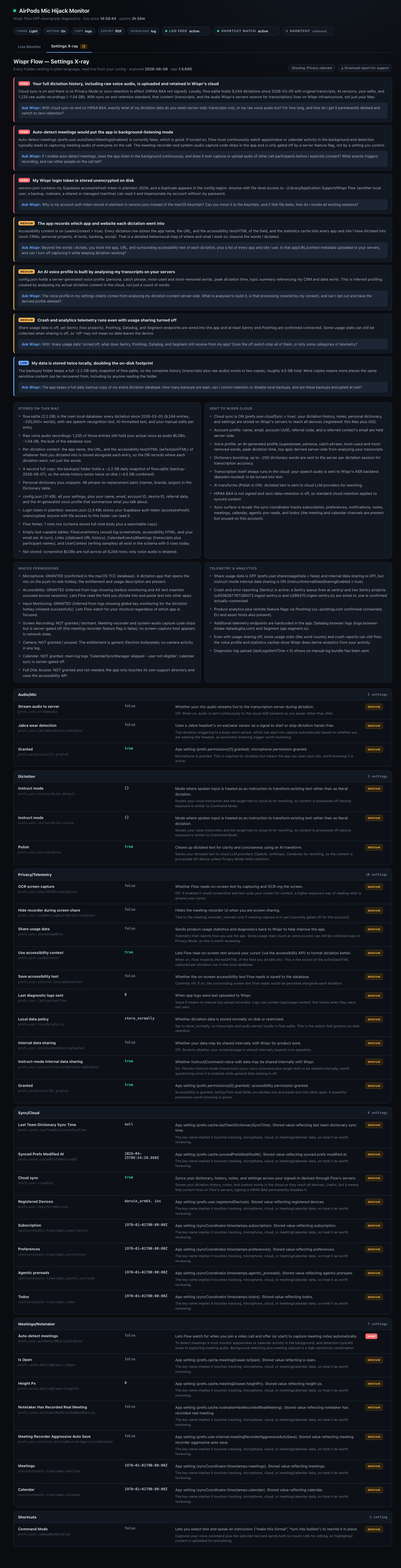 Screenshot of the settings X-ray view listing WisprFlow privacy-relevant settings and concerns in plain language, scanned 8 June 2026.