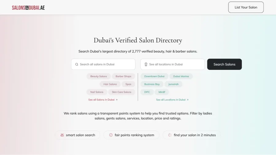 Three frames: the organic keyword recovery curve, the SalonsInDubai homepage, and a passing rich-results test.