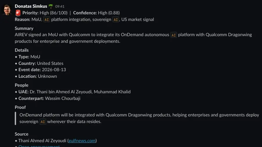 A Slack alert scoring a signal High, 86 out of 100, summarising an MoU between AIREV and Qualcomm.