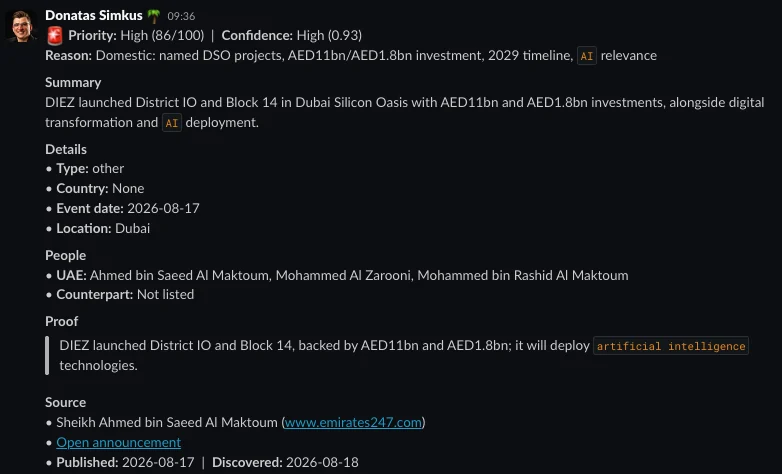A Slack alert: DIEZ launched District IO and Block 14 in Dubai Silicon Oasis with AED 11bn and AED 1.8bn investments, priority High 86 out of 100, country listed as None