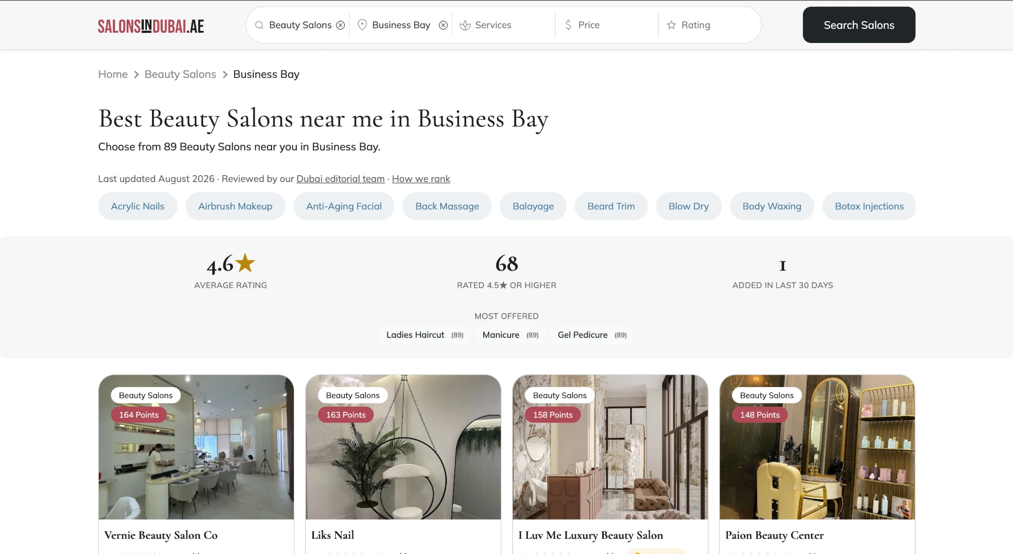 A SalonsInDubai.ae results page for beauty salons in Business Bay, with two filters active in the bar, service chips below the heading, and a summary strip showing average rating, how many are rated 4.5 or higher, and how many were added in the last 30 days