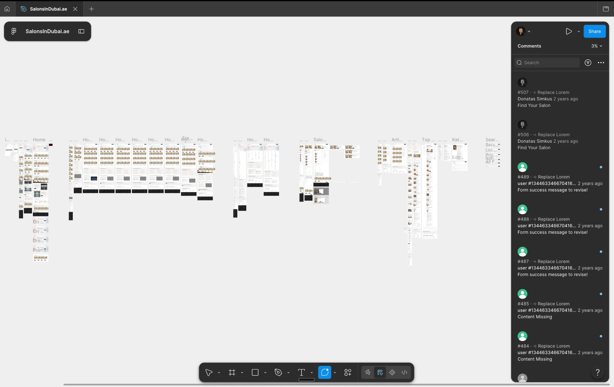 The SalonsInDubai.ae Figma file, every screen laid out with the comment threads beside them