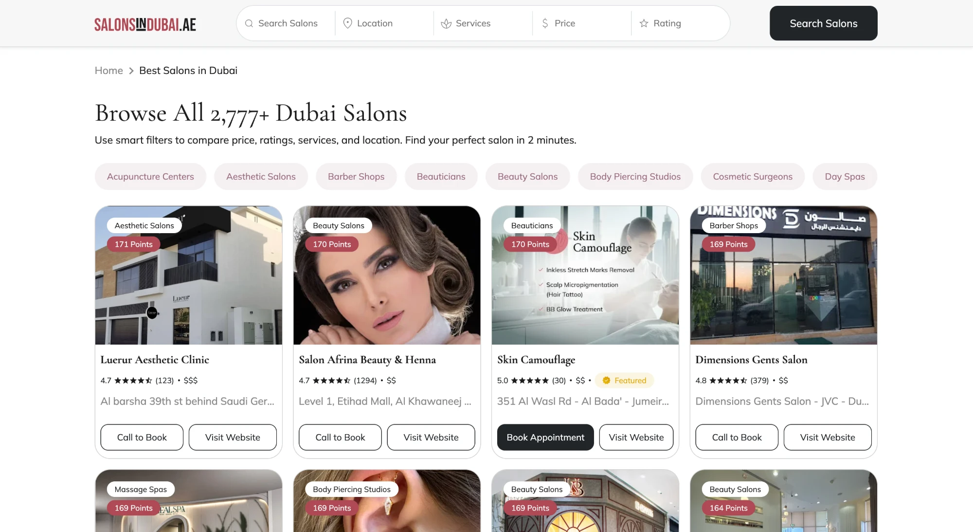 The SalonsInDubai.ae browse page headed Browse All 2,777+ Dubai Salons, with a row of venue-type filters and a grid of salon cards each carrying a points score