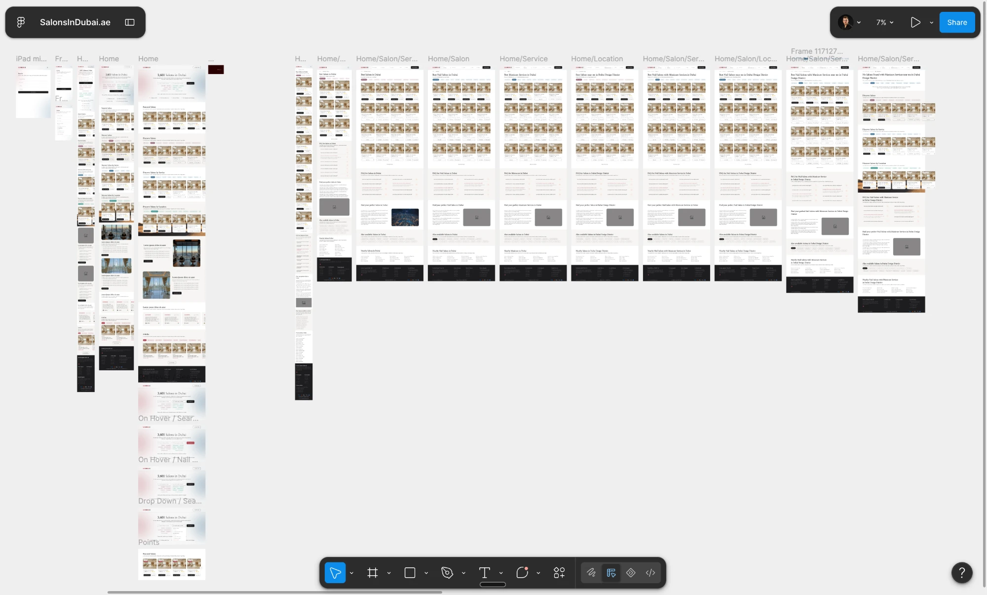 The Figma canvas showing every page type in the directory side by side: Home, Home/Salon, Home/Service, Home/Location and the combined Salon plus Service plus Location frames, ending with a no-results frame, with hover, dropdown and points states below them