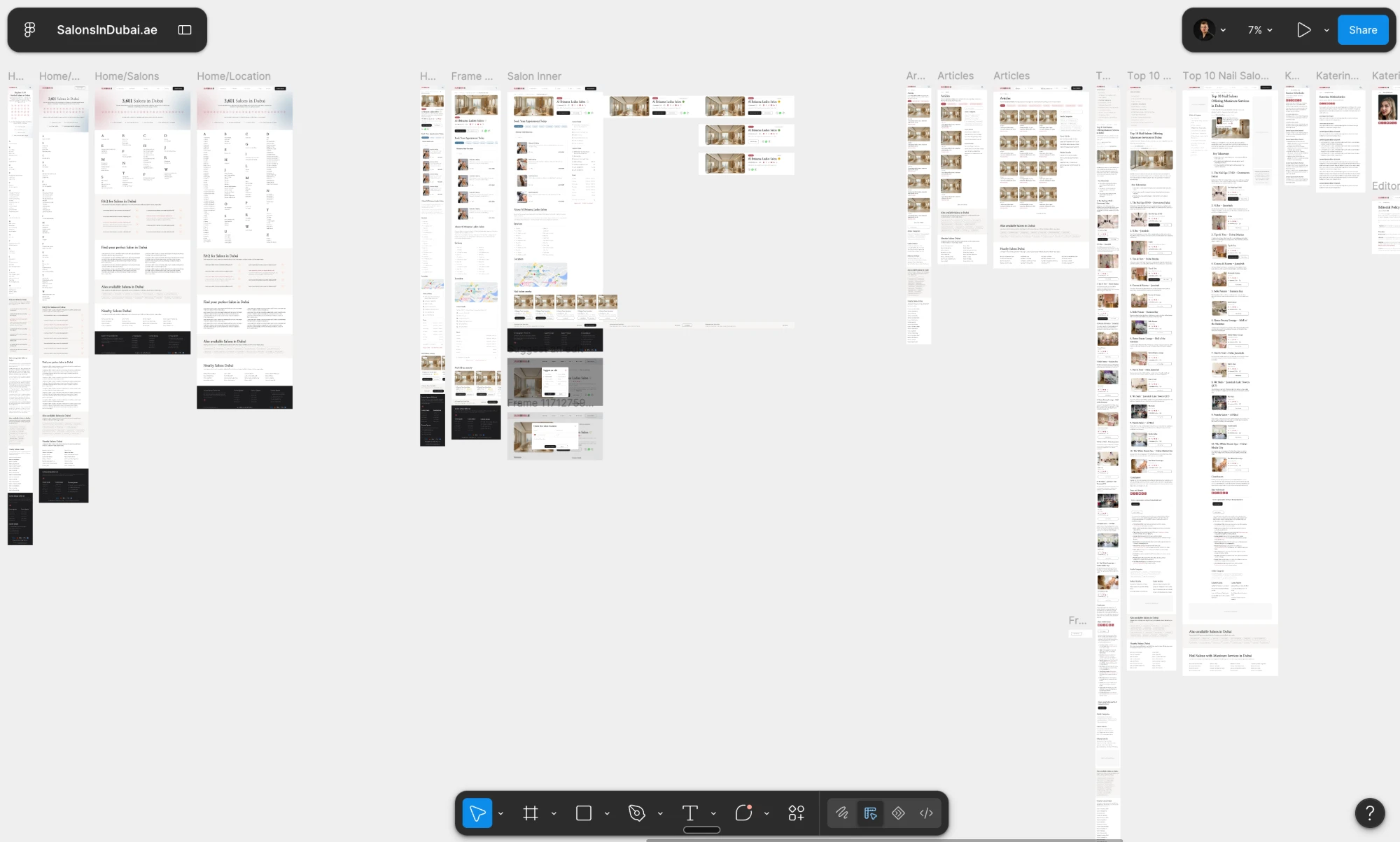 The Figma canvas showing the salon detail page with booking, staff and pricing, a row of listing-card states beside it, and the editorial pages: an articles index, a ranked Top 10 list, an author profile and an editorial policy page