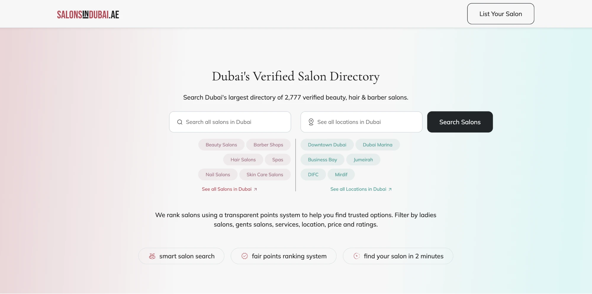 The SalonsInDubai.ae homepage: a search box for salons and one for locations, quick links to salon types and Dubai areas, and a line stating that salons are ranked by a transparent points system
