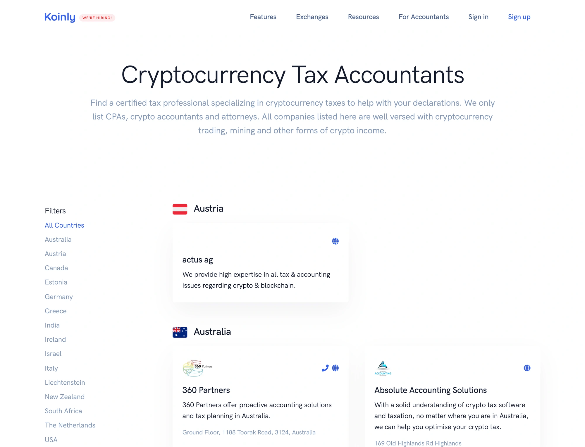 The Koinly Cryptocurrency Tax Accountants directory as it stood in June 2022, with country filters down the left and firm cards carrying a logo, description, address and website link