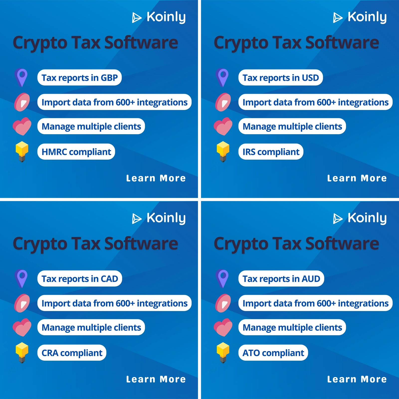 Four Koinly LinkedIn ad variants side by side, identical in layout and different in market: tax reports in GBP with HMRC compliant, USD with IRS compliant, CAD with CRA compliant, and AUD with ATO compliant