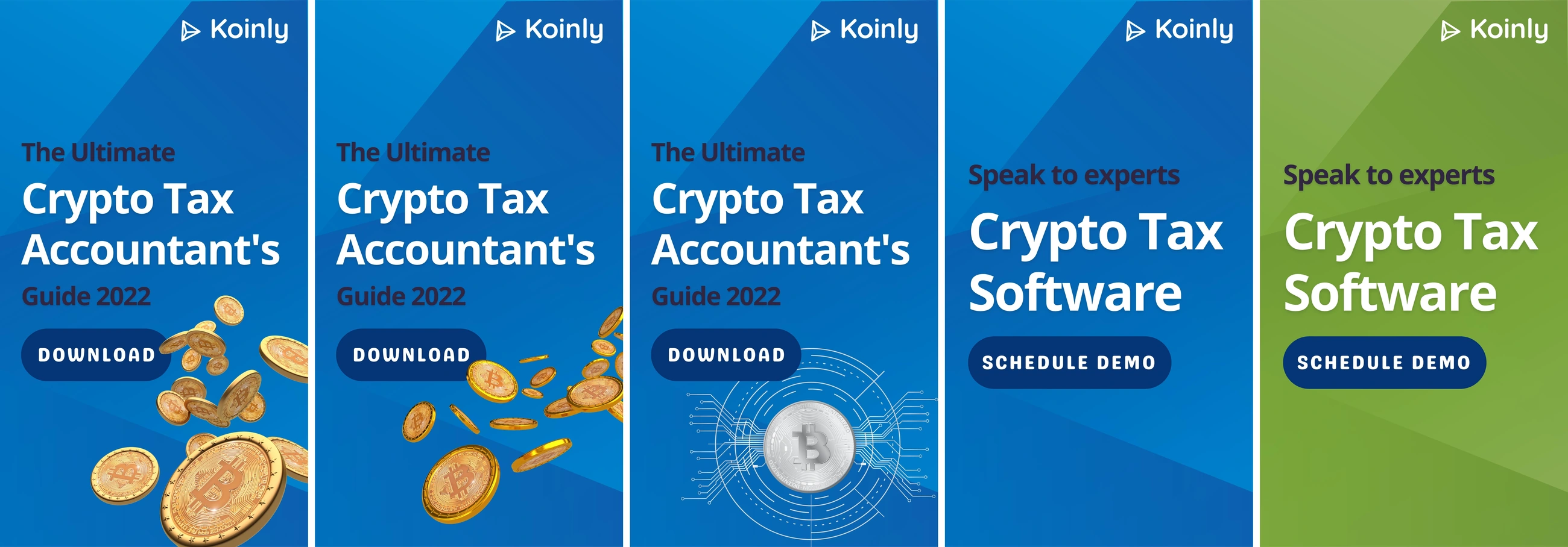 Five vertical 9:16 Koinly LinkedIn creatives at their true aspect ratio: three for the Crypto Tax Accountant's Guide 2022 with a download button, and two for the demo offer headed Speak to experts with a schedule demo button