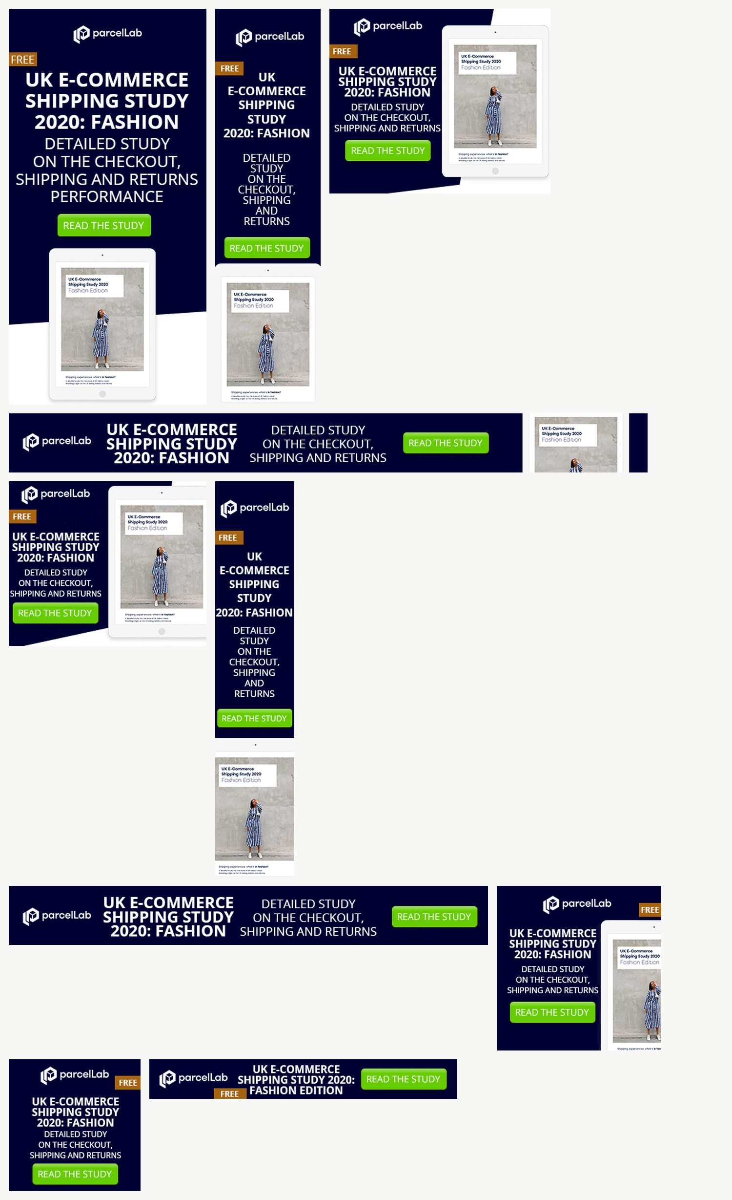 The parcelLab Fashion Edition display advertising set in ten IAB standard formats, shown at relative scale