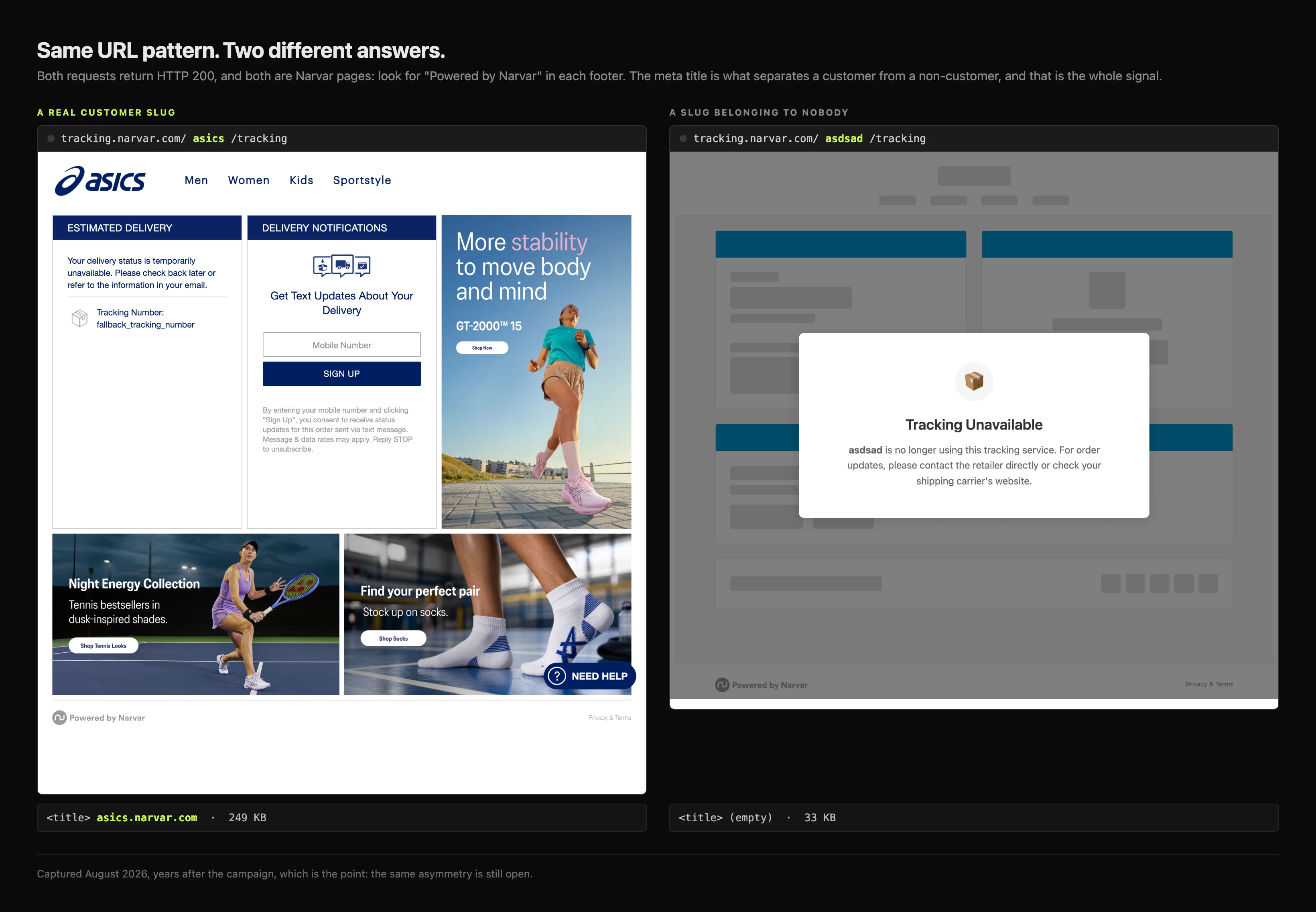 Two tracking pages side by side. The left is a real customer slug returning a full branded tracking page with a branded meta title; the right is an invented slug returning a Tracking Unavailable fallback with an empty title.