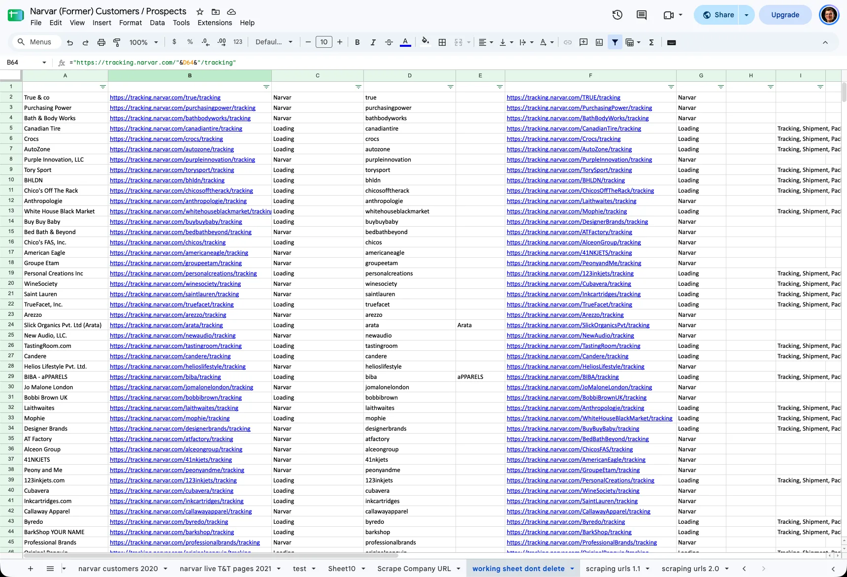 A Google Sheet with the formula bar reading equals "https://tracking.narvar.com/" ampersand D64 ampersand "/tracking", building a tracking URL from each brand slug. Rows show brands such as True & co, Bath & Body Works, Crocs and Anthropologie with their generated URLs, and a status column reading Narvar or Loading. The tab bar carries narvar customers 2020, narvar live T&T pages 2021, Scrape Company URL, scraping urls 1.1 and scraping urls 2.0.