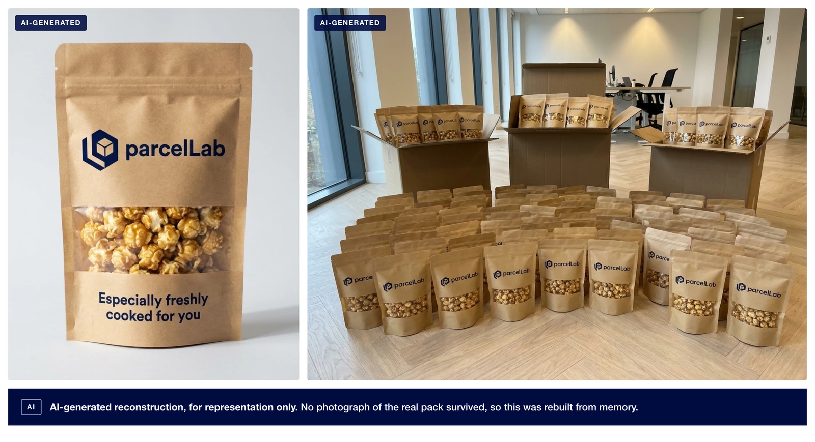 AI-generated reconstruction of the parcelLab popcorn campaign pack: a brown kraft stand-up pouch with a clear window of caramel popcorn and the parcelLab logo, and boxes of the same pouches on an office floor ready to ship