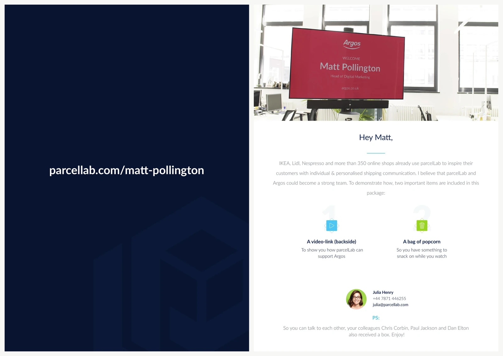 The parcelLab popcorn campaign mailer: front carrying the recipient's own parcellab.com URL, back showing the personalised video still on an office screen