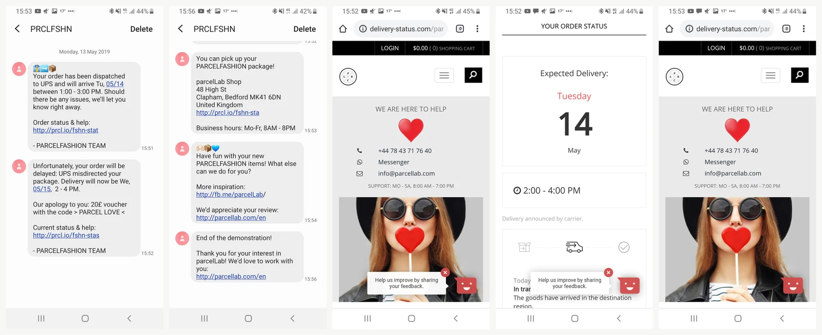 The parcelLab live demo sequence on mobile: dispatch, delay, collection and pick-up messages for a fictional shop, then the branded tracking pages