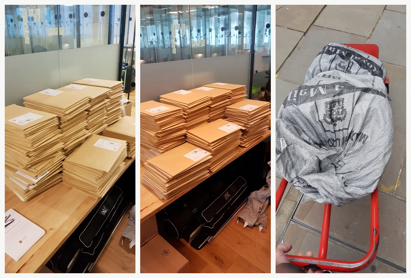 Padded envelopes holding the parcelLab UK E-Commerce Shipping Study, stacked in the London office and loaded into a Royal Mail sack, April 2019
