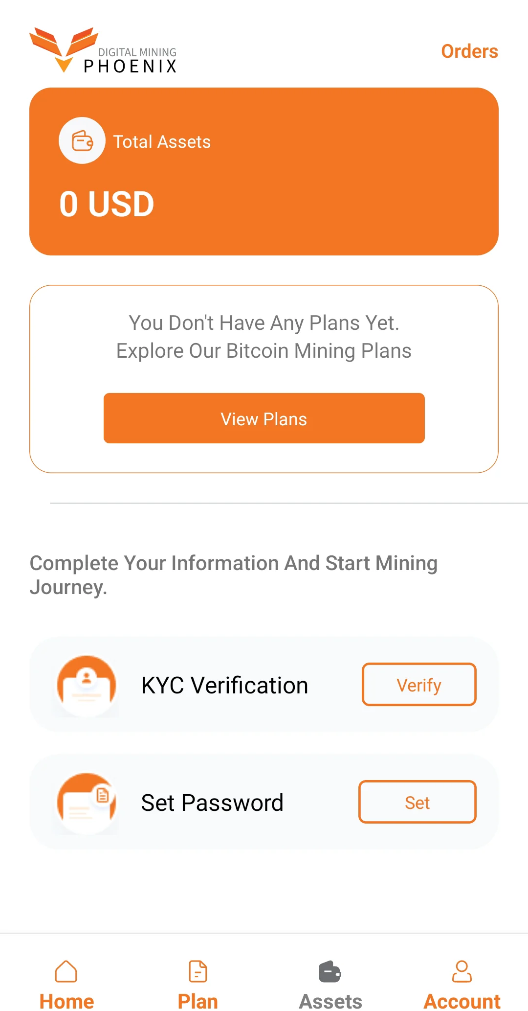 The Phoenix Digital Mining app account screen with total assets, mining plans, KYC verification and set password