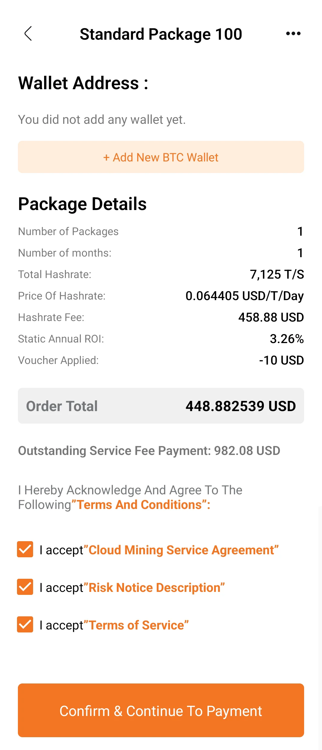 The Phoenix Digital Mining app checkout showing package details, total hashrate, price of hashrate, hashrate fee, static annual ROI and order total
