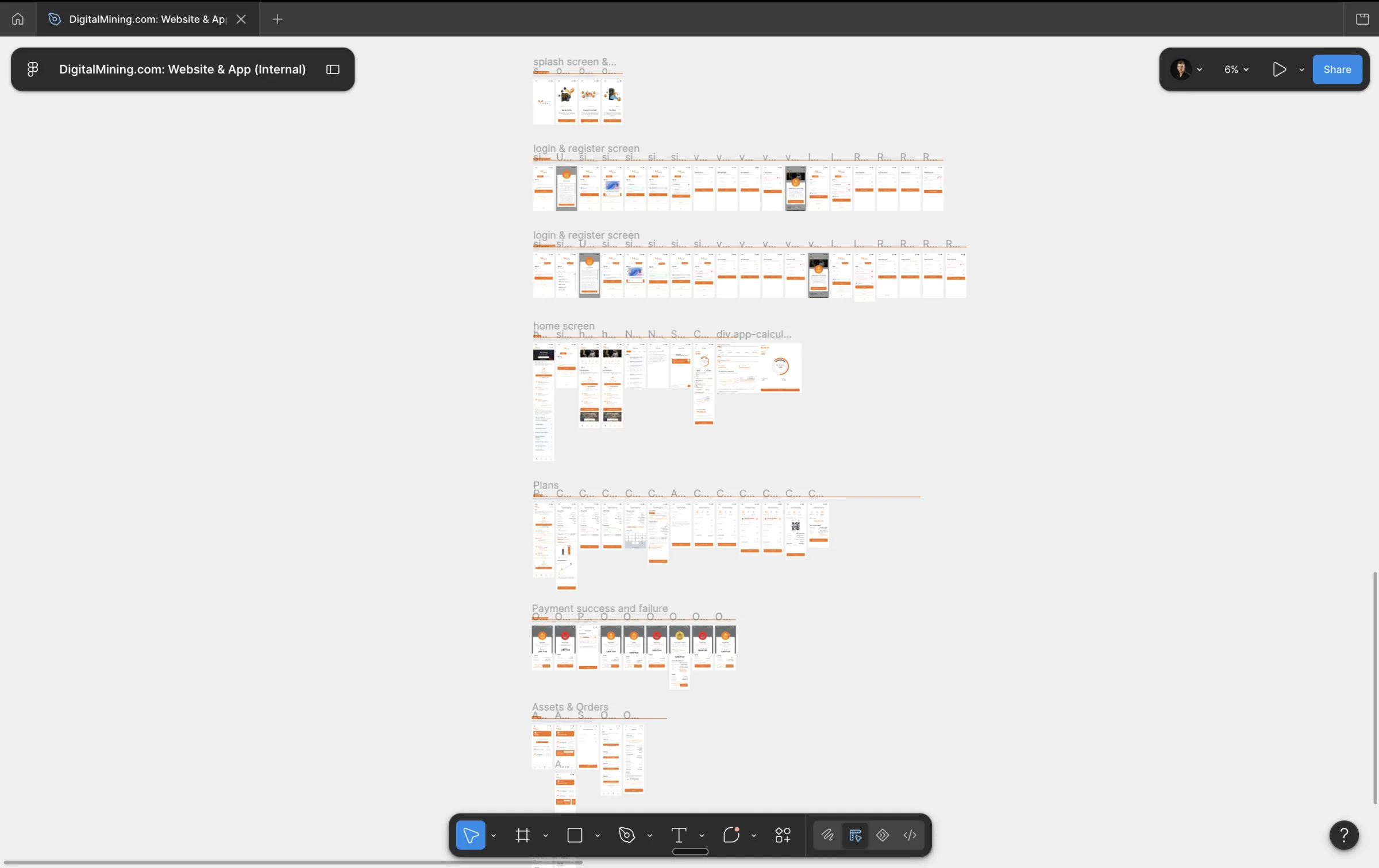 The DigitalMining mobile app design file: splash, login and register, home, plans, payment states and orders
