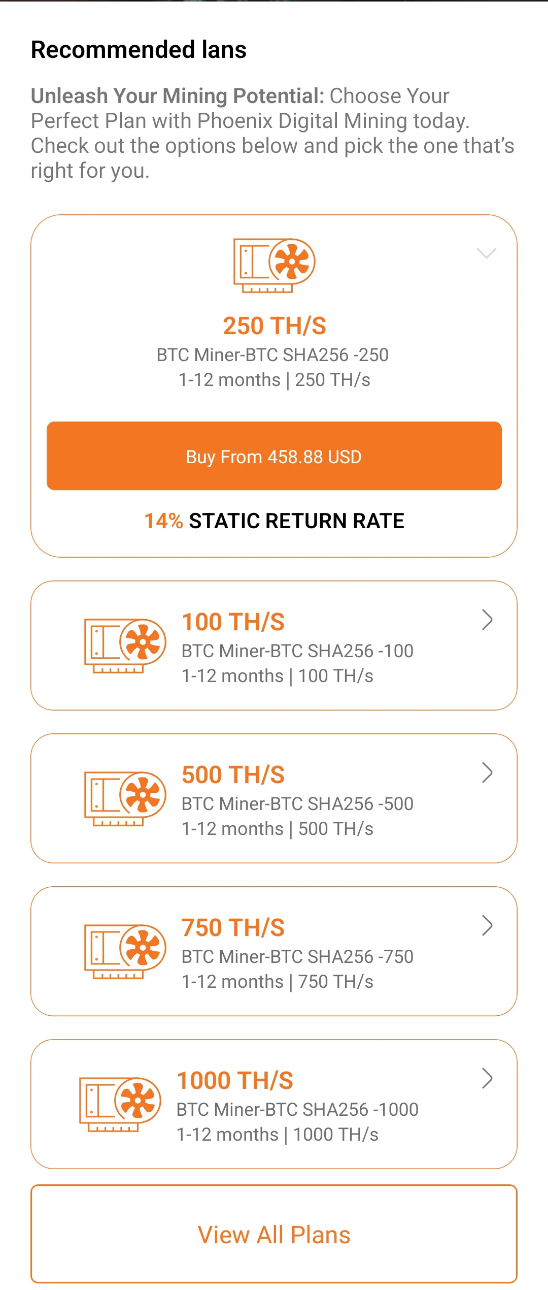 The Phoenix Digital Mining Android app plans screen, listing BTC SHA256 mining plans from 100 to 1000 TH/s with prices and a static return rate