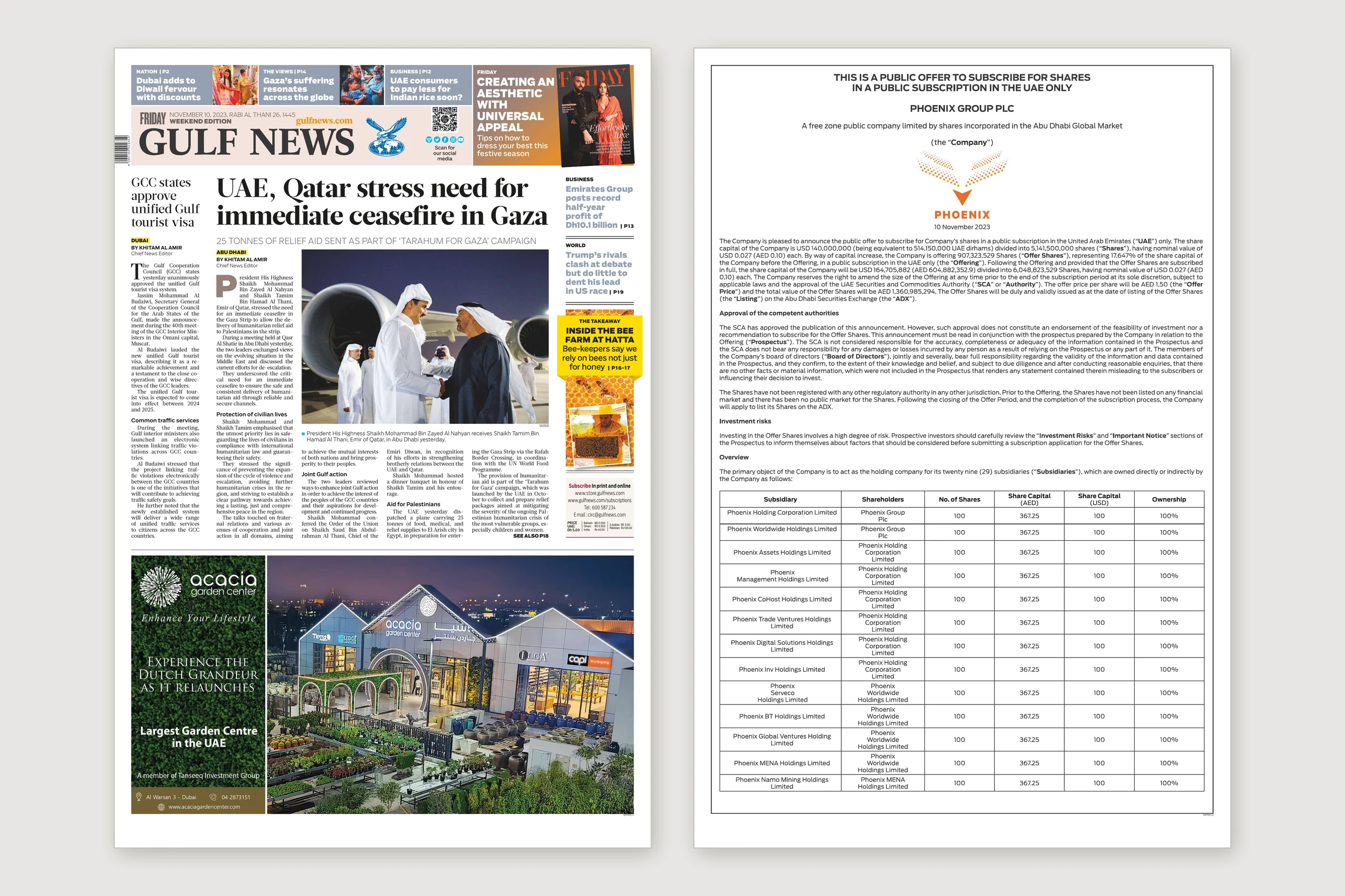 Phoenix Group public offer announcement in Gulf News, 10 November 2023