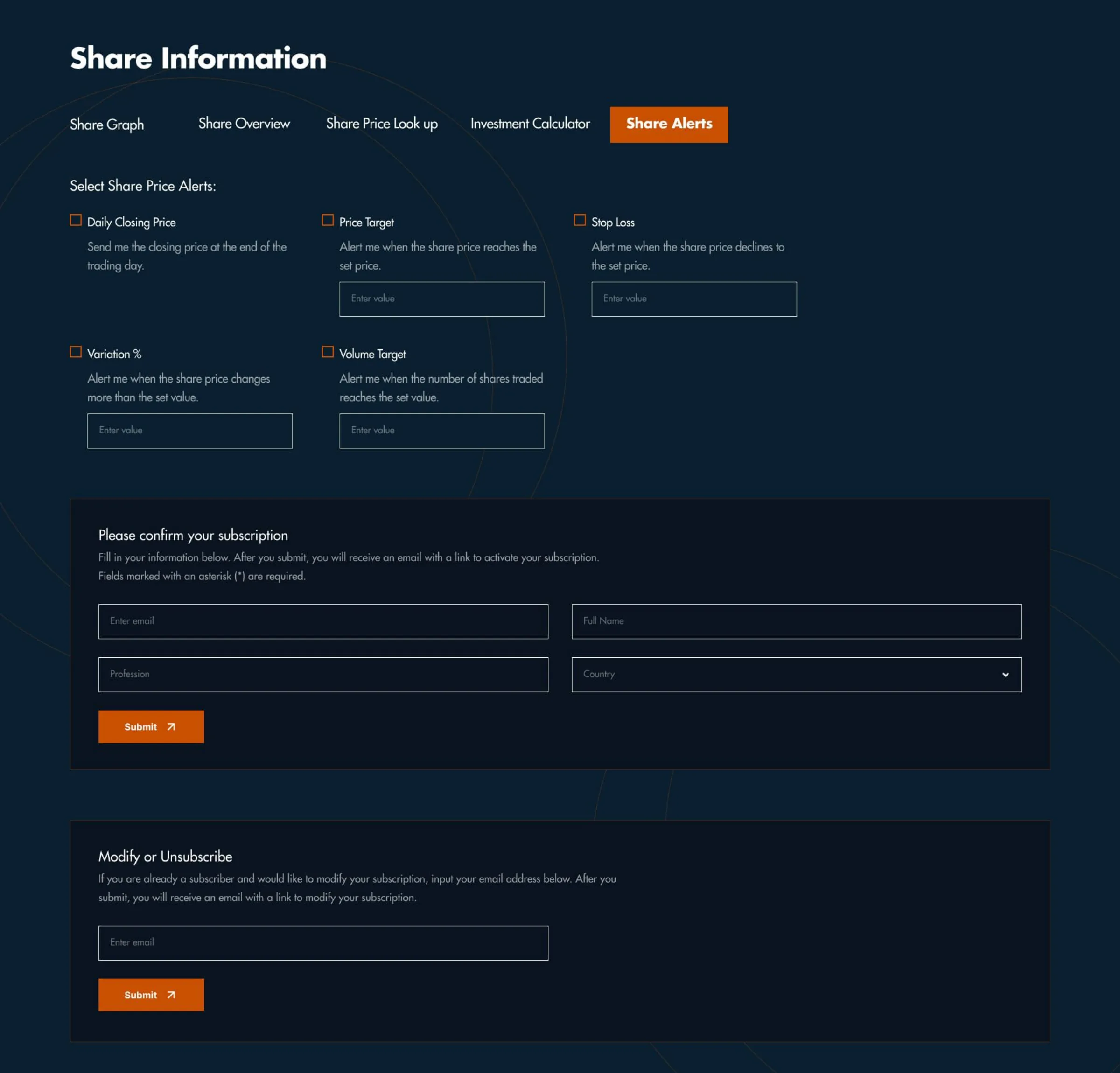 The investor-relations share information panel on phoenixgroupuae.com: share graph, overview, price lookup, investment calculator and share alerts, with the alert types and subscription form