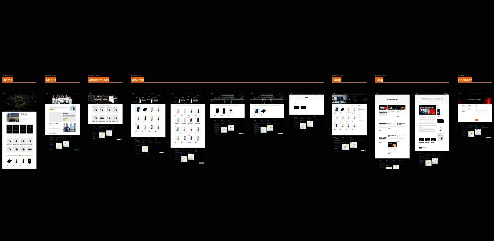 The Phoenix Store ecommerce design file: home, shop, WhatsMiner, wallets, blog and contact page designs
