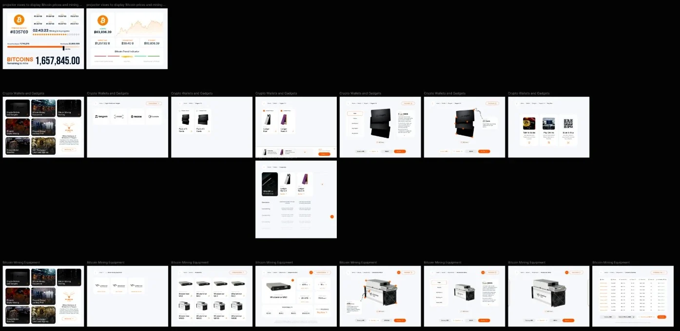 The Phoenix Store showroom design: projector views showing Bitcoin block height, mining progress and price, and the wallet and mining equipment pages a visitor browses on the tablet