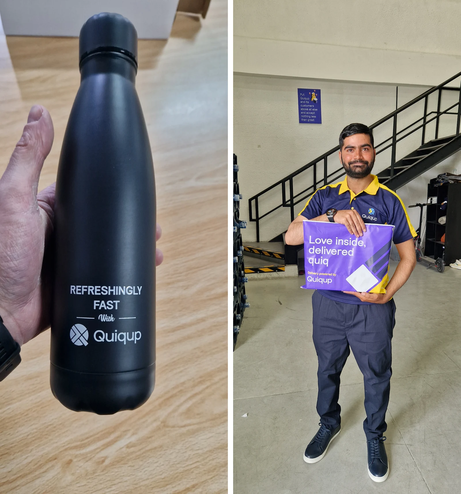The Quiqup ABM campaign gift: a matte black insulated bottle printed Refreshingly Fast with Quiqup, and a Quiqup rider holding the purple delivery bag it shipped in, printed Love inside delivered quiq