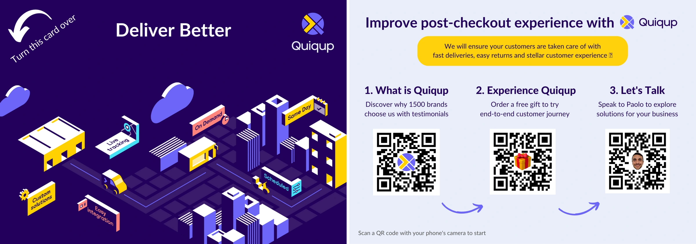 Both faces of the Quiqup outreach card: an isometric city illustration headed Deliver Better with a turn this card over arrow, and a reverse headed Improve post-checkout experience with three QR codes for What is Quiqup, Experience Quiqup and Let us Talk