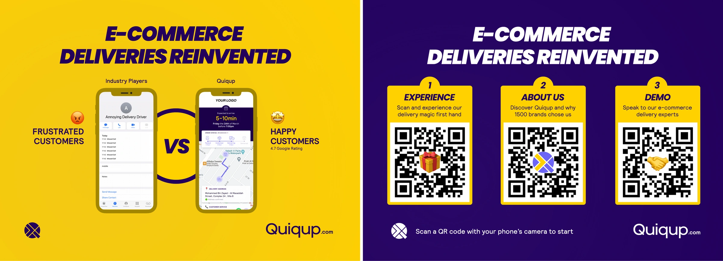 Both faces of the Quiqup ABM postcard: a yellow front comparing a missed-call screen from an industry player against a live Quiqup tracking screen, and a purple back carrying three numbered QR codes for Experience, About Us and Demo