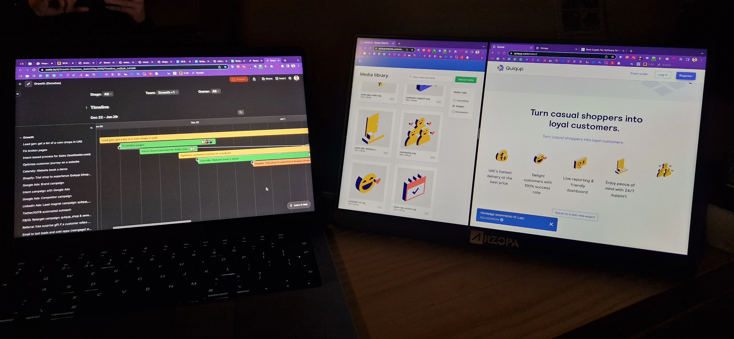 Three screens on a desk in January 2023: a Coda timeline titled Growth (Donatas) listing the growth plan for Dec 22 to Jan 29, the Quiqup CMS media library, and a draft of the new e-commerce homepage