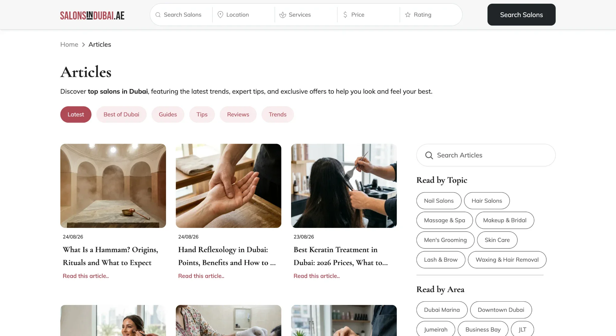 The SalonsInDubai articles library, with filters for guides, tips, reviews and trends, and sidebars for reading by topic and by Dubai area