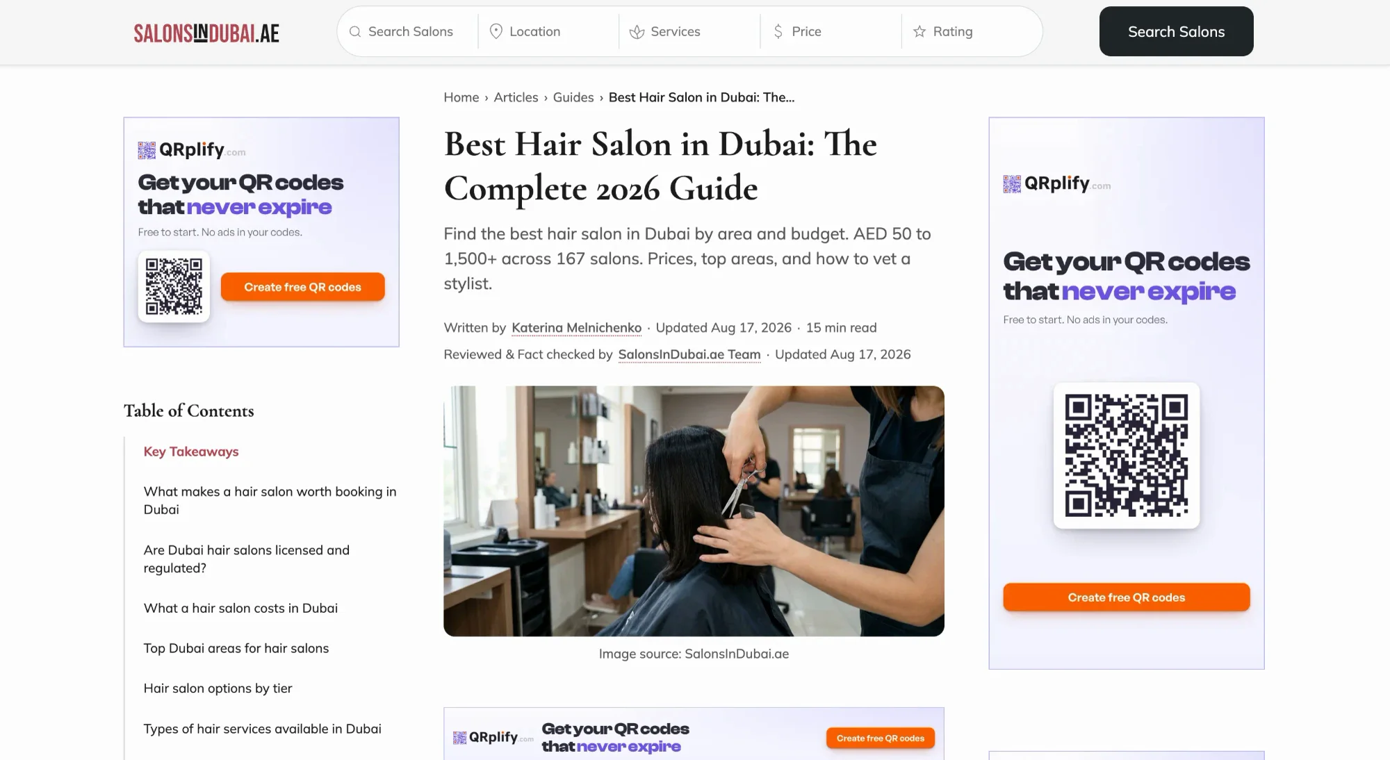 A published SalonsInDubai article, Best Hair Salon in Dubai, showing the byline, the fact-check line, the table of contents and the advertising slots in both rails
