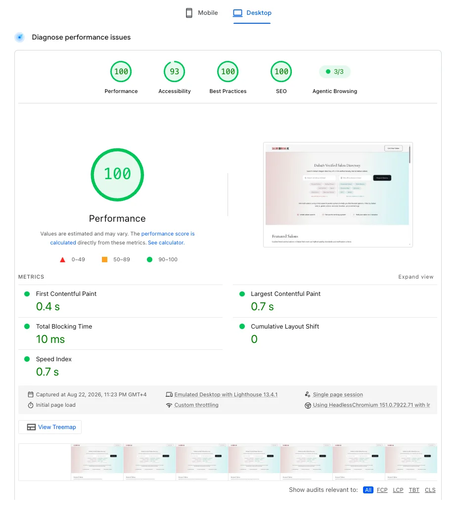 Google PageSpeed Insights desktop report for salonsindubai.ae: performance 100, accessibility 93, best practices 100, SEO 100, with First Contentful Paint 0.4s, Largest Contentful Paint 0.7s, Total Blocking Time 10ms, Cumulative Layout Shift 0 and Speed Index 0.7s