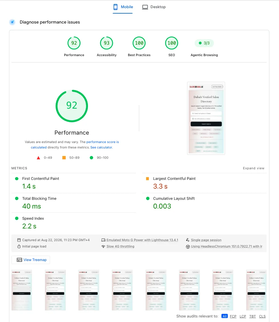 Google PageSpeed Insights mobile report for salonsindubai.ae: performance 92, accessibility 93, best practices 100, SEO 100, with First Contentful Paint 1.4s, Largest Contentful Paint 3.3s, Total Blocking Time 40ms, Cumulative Layout Shift 0.003 and Speed Index 2.2s