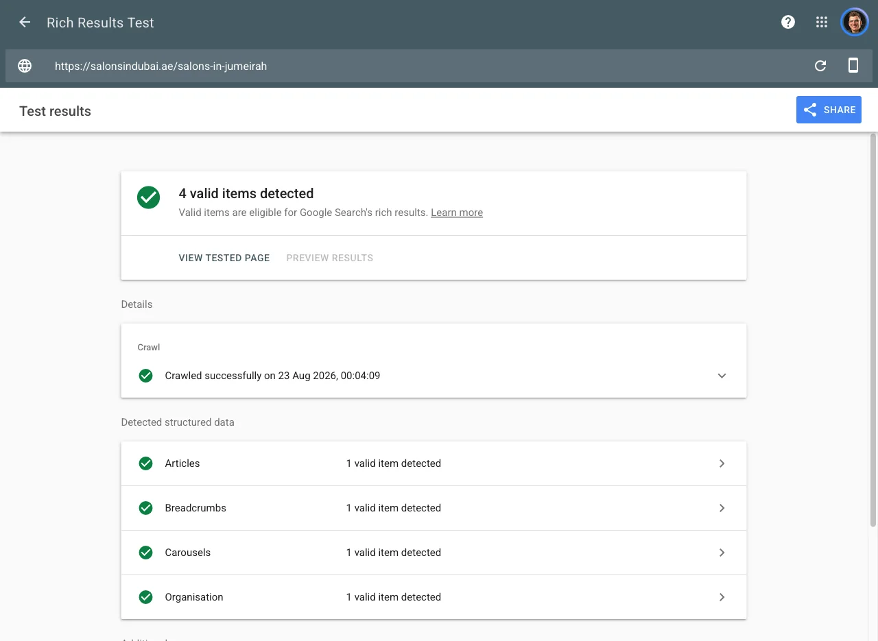 Google Rich Results Test for the Jumeirah area page on salonsindubai.ae: 4 valid items detected, with articles, breadcrumbs, carousels and organisation each returning 1 valid item