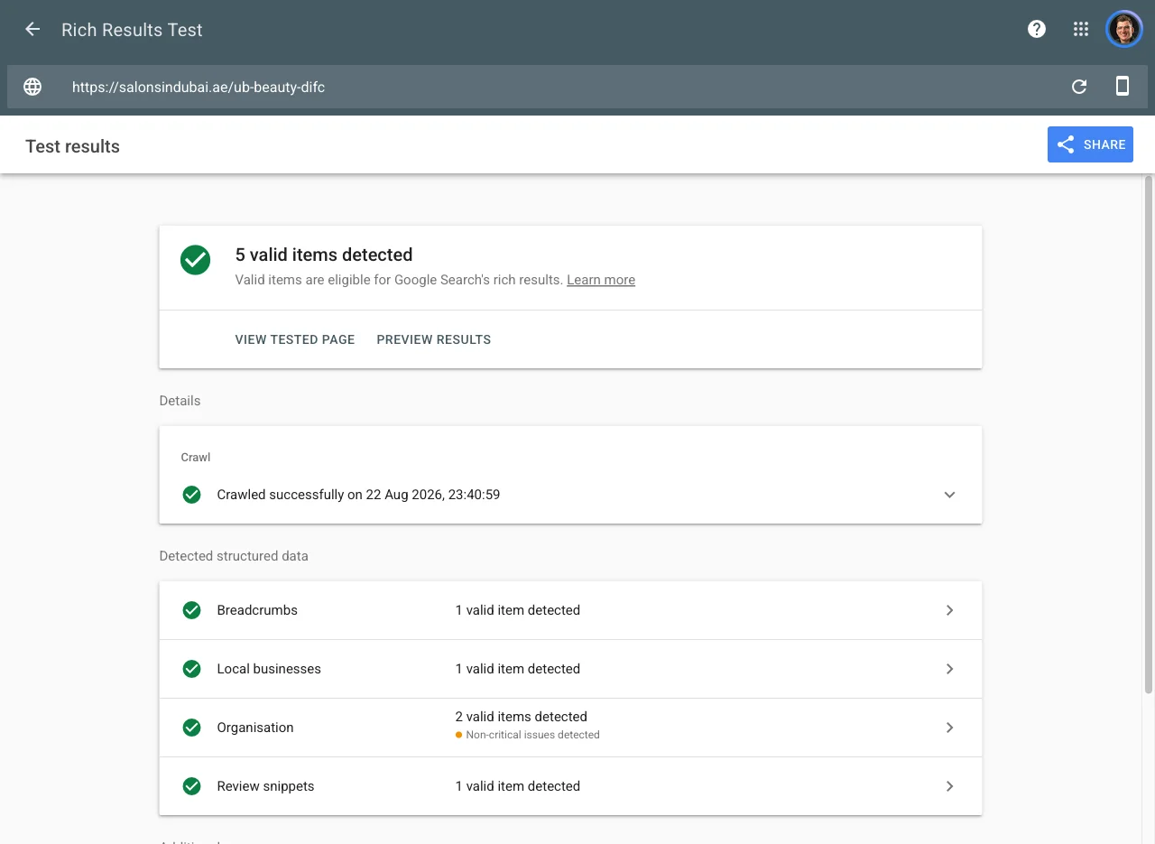Google's Rich Results Test for a salonsindubai.ae salon listing: 5 valid items detected, crawled successfully on 22 August 2026, with breadcrumbs 1 valid item, local businesses 1 valid item, organisation 2 valid items with non-critical issues, and review snippets 1 valid item