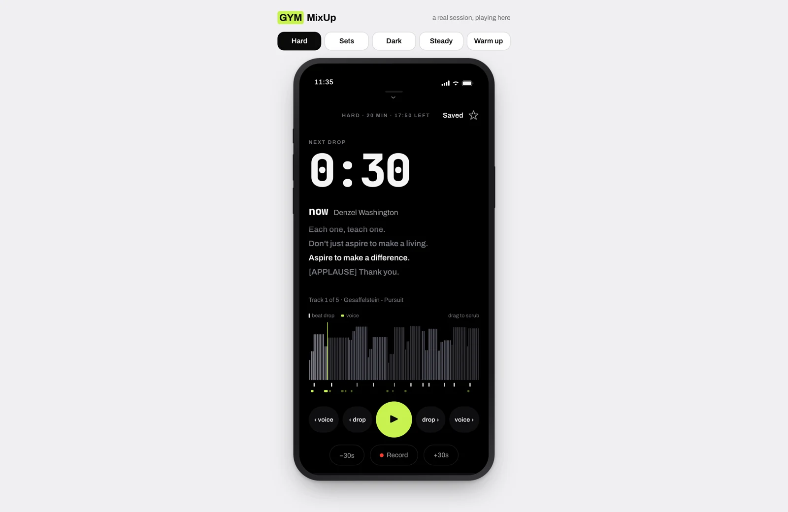 GYM MixUp playing a Hard session: the countdown to the next drop, live subtitles, and the energy timeline with beat and voice markers